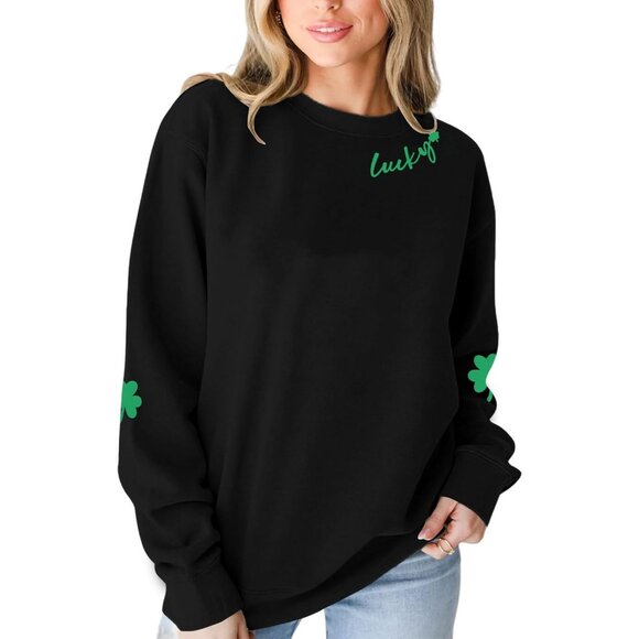 Women St Patricks Day Sweatshirt Cotton Blend Shamrock Lucky Clover Casual Top - Picture 4 of 5